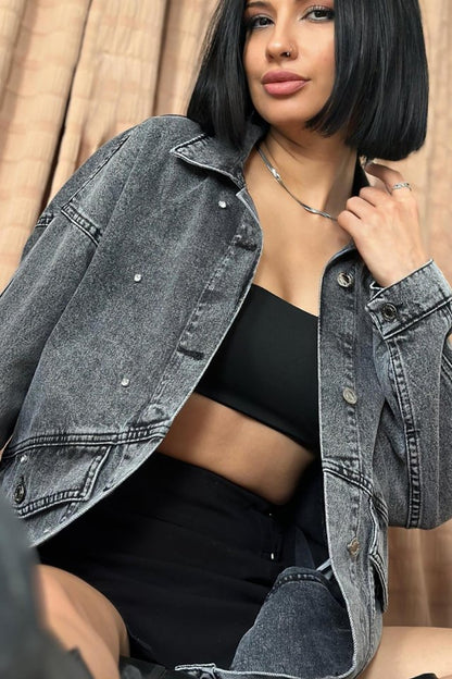 Siyah Taşlı Kot Ceket