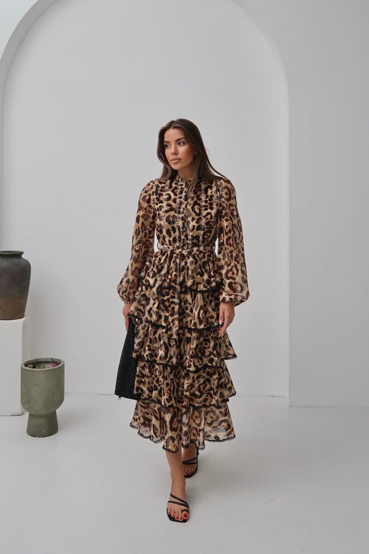 Leopar Volanlı Şeritli Uzun Elbise