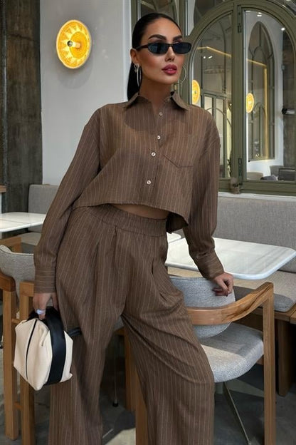 Crop Gömlekli Çizgili Takım 10080