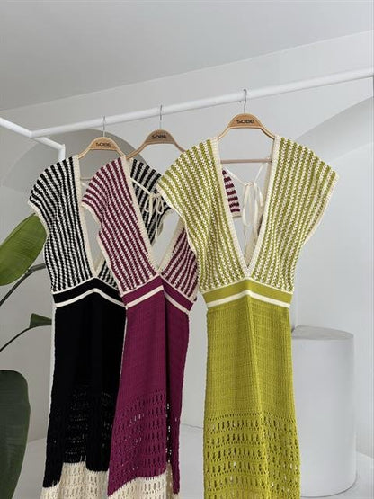 Omuzu Çizgili Ajurlu Triko Elbise 2868