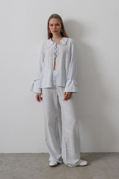 Çzgili Bağlamalı Pantolon Takım - Mavi