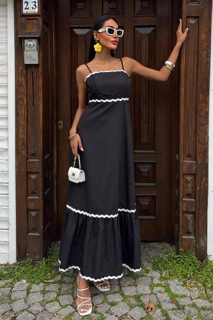 Dalgalı Şerit Detay Askılı Poplin Elbise 2876