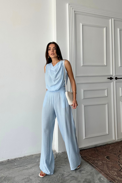 DEGAJE YAKA KOLSUZ BLUZ - PANTOLON TAKIM - Mavi