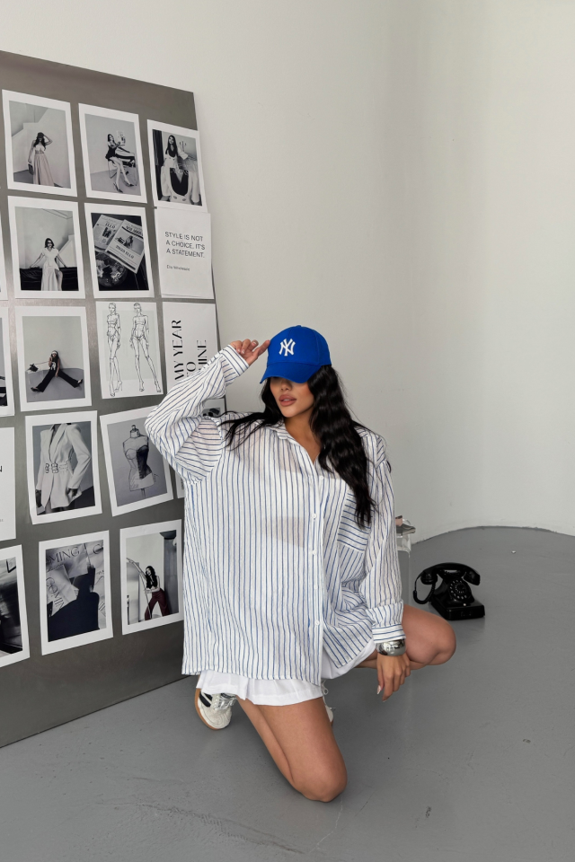 SİMLİ ÇİZGİLİ VUAL GÖMLEK - Mavi