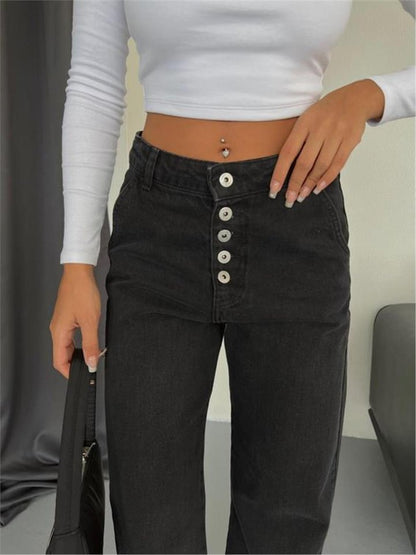 DÜĞMELİ KOT PANTOLON - Siyah