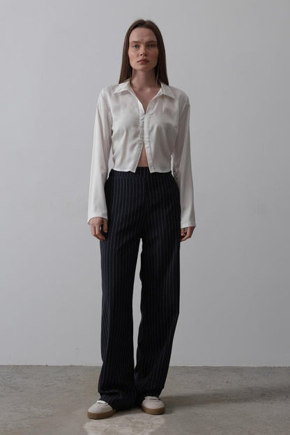 Beli Yarım Lastikli Palazzo Pantolon - Lacivert-Beyaz