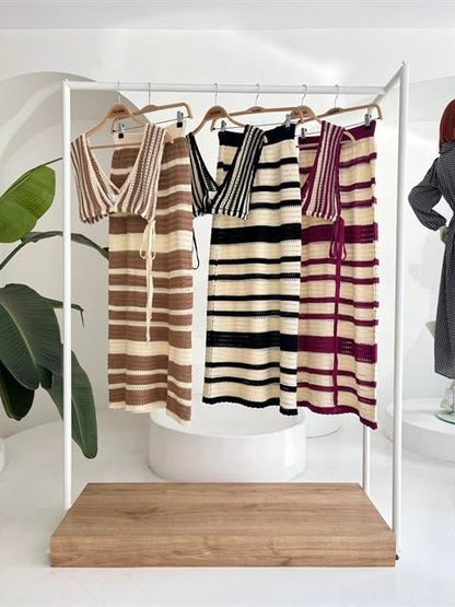 Çizgili Bikini Üst Ve Etek Triko Takım 10110