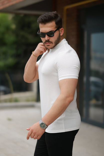 Erkek Yakalı Waffle Dokulu Kısa Kollu Tişört