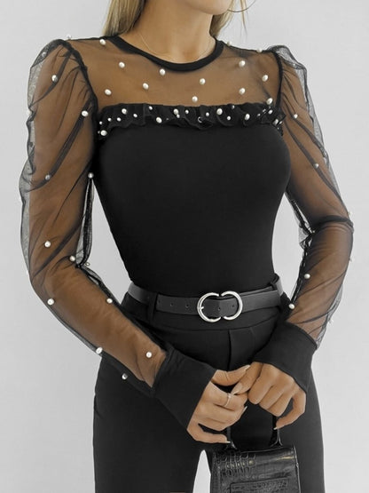 Kadın Uzun Kollu Kol Ve Yaka Tül Ve Inci Detay Viskon Bluz