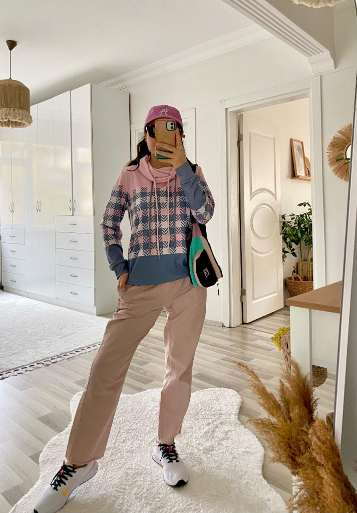 Kadın Uzun Kollu Balıkçı Yaka Bağcıklı Desenli şardonlu Dalgıç Bluz