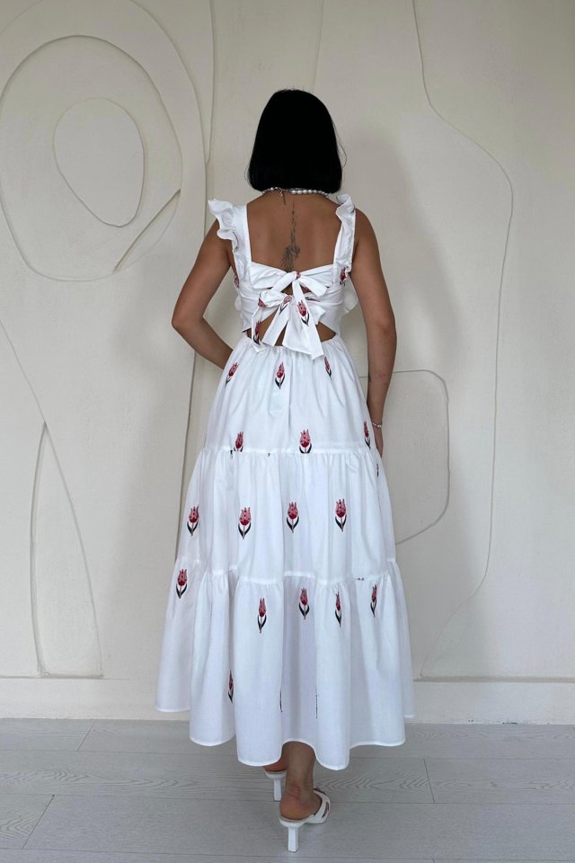 Kırmızı Sıfır Kol Fırfırlı Elbise