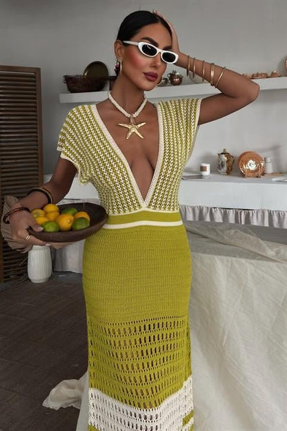 Omuzu Çizgili Ajurlu Triko Elbise 2868