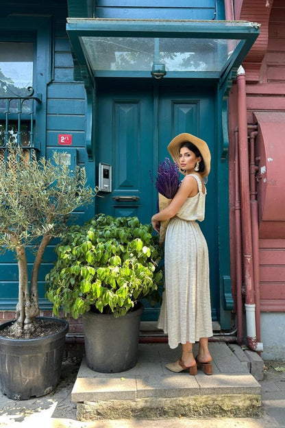 Bej Askısı Lastikli Keten Elbise