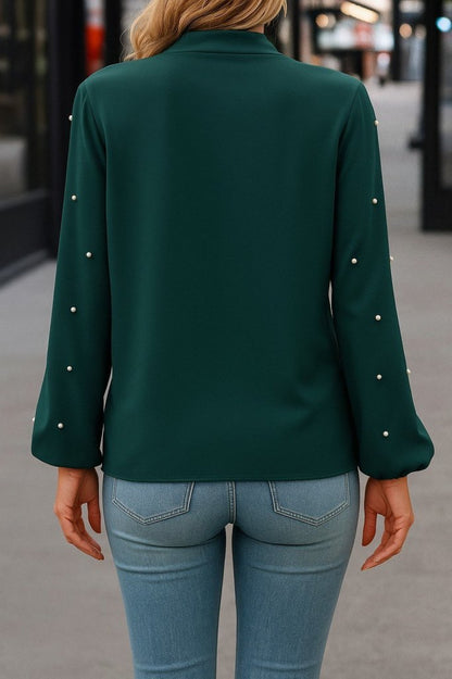 Kadın Uzun Kollu Yakadan Fiyonklu Incili Ithal Krep Bluz