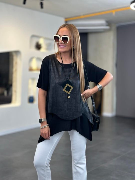 Kadın Kısa Kollu Bisiklet Yaka Yelek Bluz Asimetrik Kesim İkili Takım