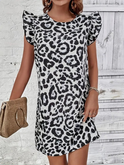 Kadın Kısa Kollu Kolları Fırfır Detay Arkası Bağlamalı Leopar Desen Kolsuz Mini Mikro Elbise