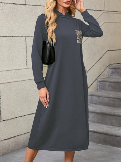 Kadın Uzun Kollu Kapşonlu Cep Detaylı Viskon Iki Iplik Maxi Elbise