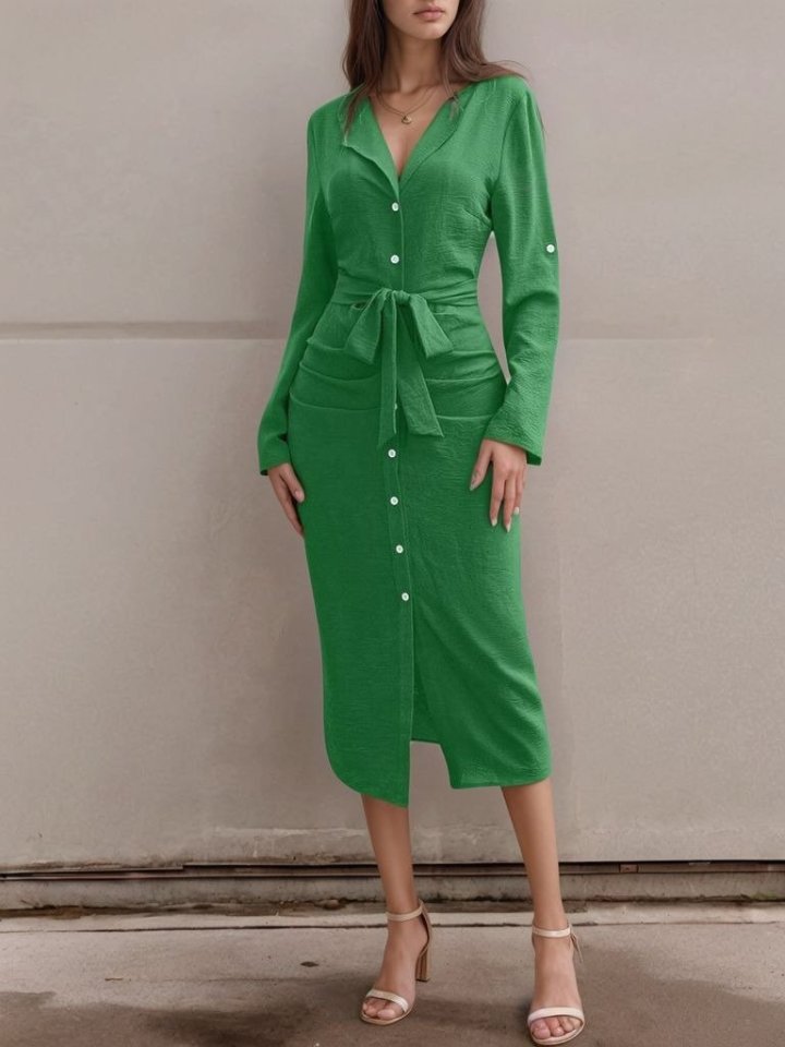 Kadın Uzun Kollu önden Düğmeli Beli Kuşaklı Aerobin Midi Elbise