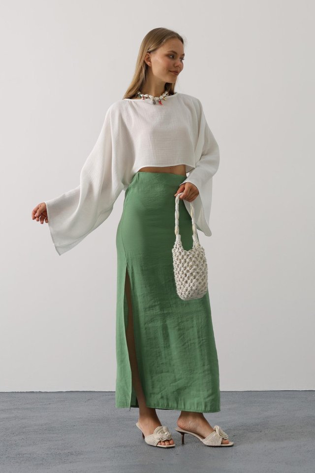 YARASA KOLLU CROP BLUZ - Beyaz