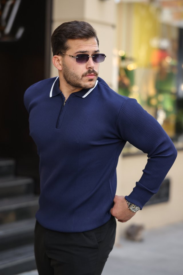 Erkek Yakaları çizgi Detaylı Selanik örme Triko