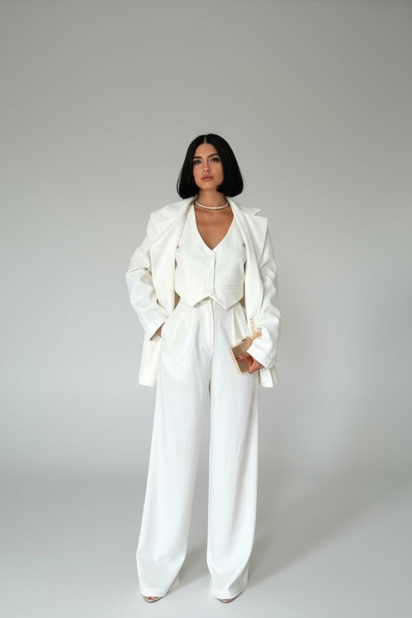 Ekru Klas Ceket Ve Yelek Ve Pantolon Takım