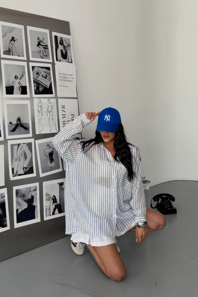 SİMLİ ÇİZGİLİ VUAL GÖMLEK - Mavi