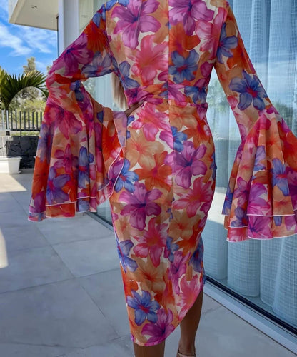 Kadın Göğüs Dekolteli Kolları Volan Detay Astarlı Tül Elbise