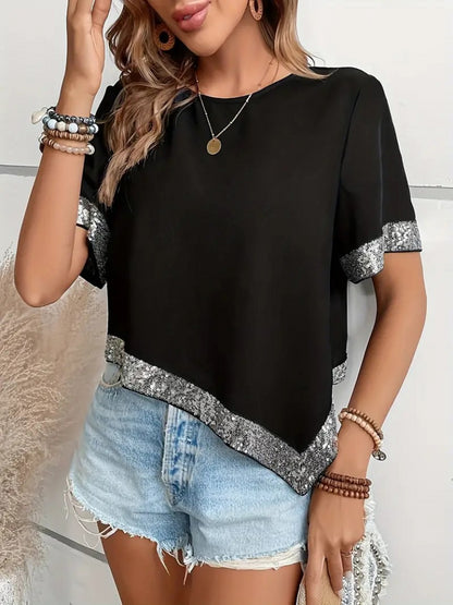 Kadın Kısa Kollu Bisiklet Yaka Asimetrik Kesim Detaylı Pul Payetli Krep Bluz