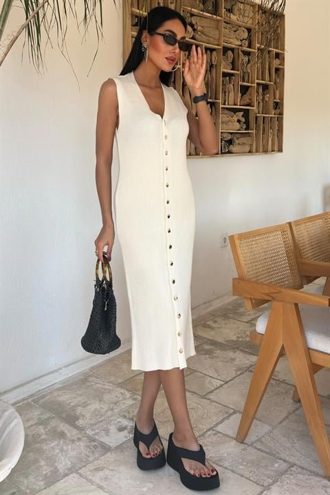 Önü Düğmeli Fitilli Kolsuz Elbise 2832