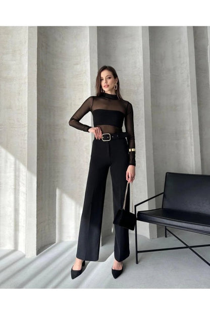 Kadın Yüksek Bel Krep Kumaş Full Likralı Ispanyol Paça Kemer Dahil Pantolon