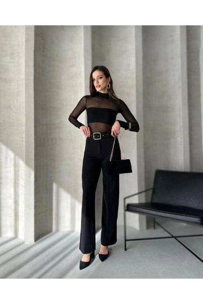 Kadın Yüksek Bel Krep Kumaş Full Likralı Ispanyol Paça Kemer Dahil Pantolon