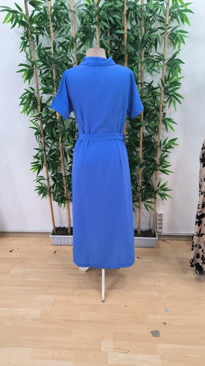 Kadın Kısa Kollu Yakalı önden Düğmeli Beli Kuşaklı Ithal Keten Elbise