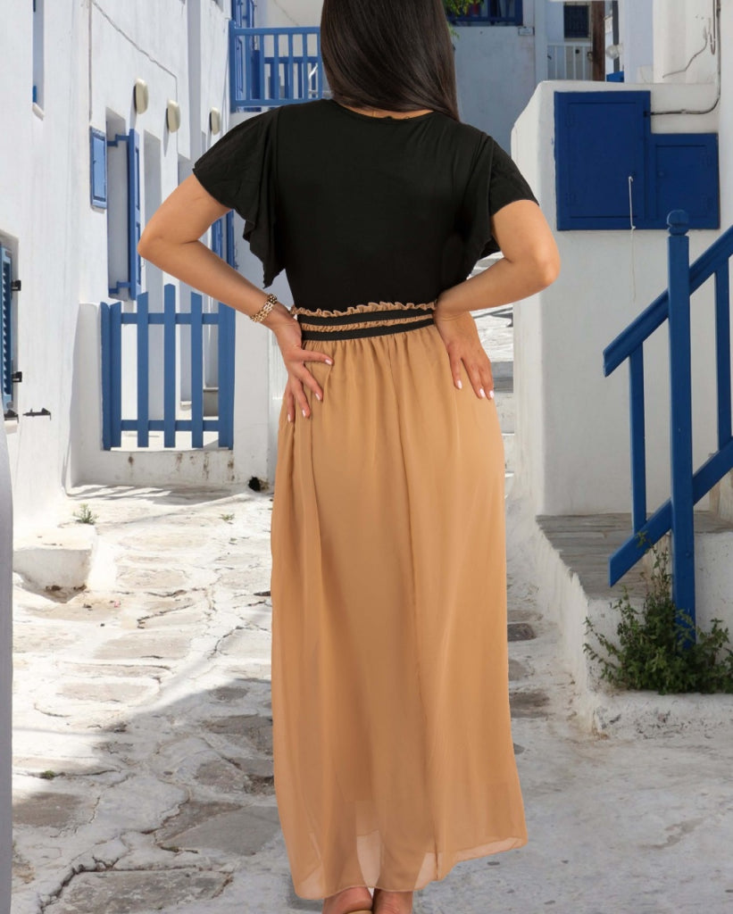 Kadın Kısa Kollu üst Viskon Alt Astarlı şifon Beli Lastikli Elbise