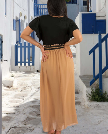 Kadın Kısa Kollu üst Viskon Alt Astarlı şifon Beli Lastikli Elbise