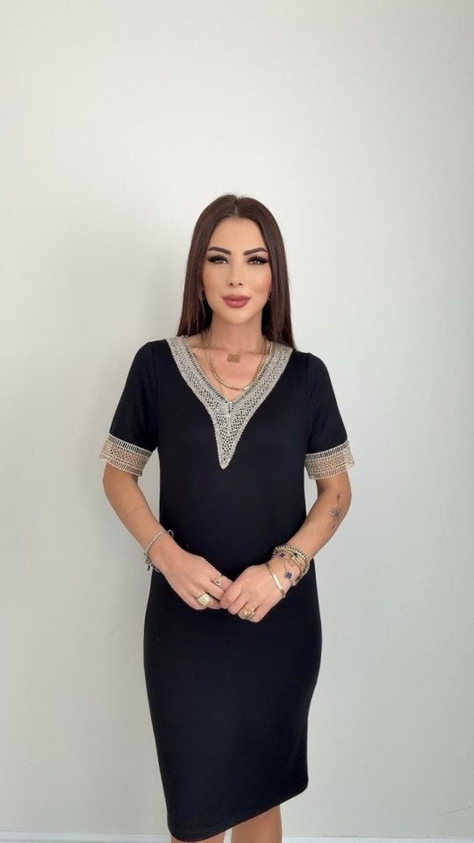 Kadın V Yaka Güpürlü İki İplik Elbise