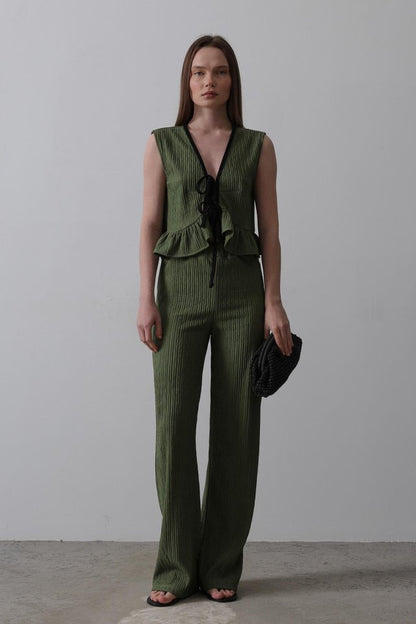 Önü Bağlamalı Volanlı Örme Takım - Haki