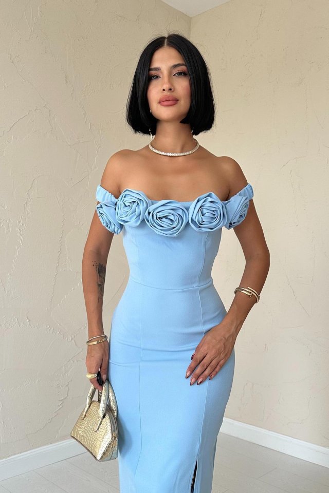 Bebe Mavi Madonna Yaka Güllü Elbise