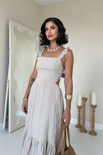 Bej Kolu Fırfırlı Bağlamalı Elbise