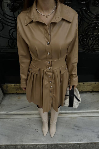 Bej Piliseli Deri Elbise