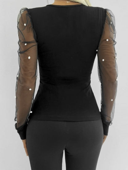 Kadın Uzun Kollu Kol Ve Yaka Tül Ve Inci Detay Viskon Bluz