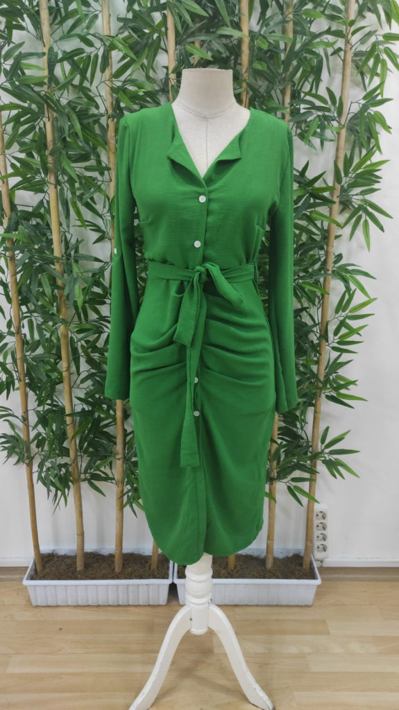 Kadın Uzun Kollu önden Düğmeli Beli Kuşaklı Aerobin Midi Elbise