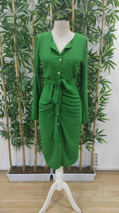 Kadın Uzun Kollu önden Düğmeli Beli Kuşaklı Aerobin Midi Elbise