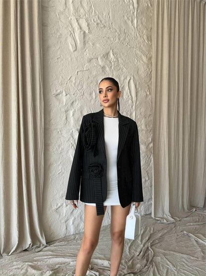 ÇİZGİLİ POLYVİSCON CEKET GÜL ARMALI - Siyah