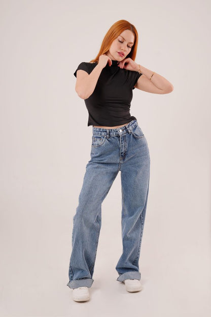 Boğazlı Parlak Kumaş Siyah Crop