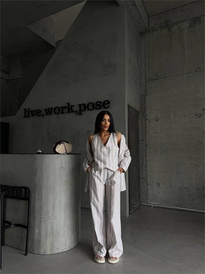 ÇİZGİLİ CEKET KETEN - Bej