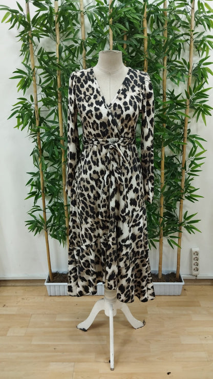 Kadın Uzun Kollu Kruvaze Yakalı Belden Kuşaklı Leopar