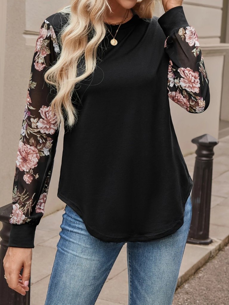 Kadın Uzun Kollu Bisiklet Yakalı Kolun çiçek Desenli Viskon Iki Iplik Bluz