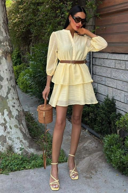 Deri Kemerli Fırfırlı Elbise 2901