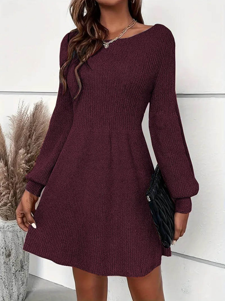 Kadın Uzun Kollu Kayık Yaka Kısa Triko Elbise