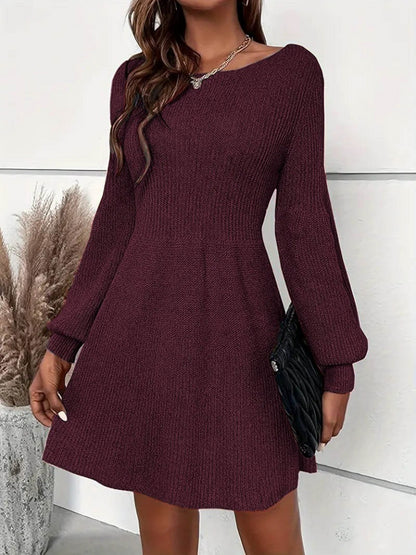 Kadın Uzun Kollu Kayık Yaka Kısa Triko Elbise